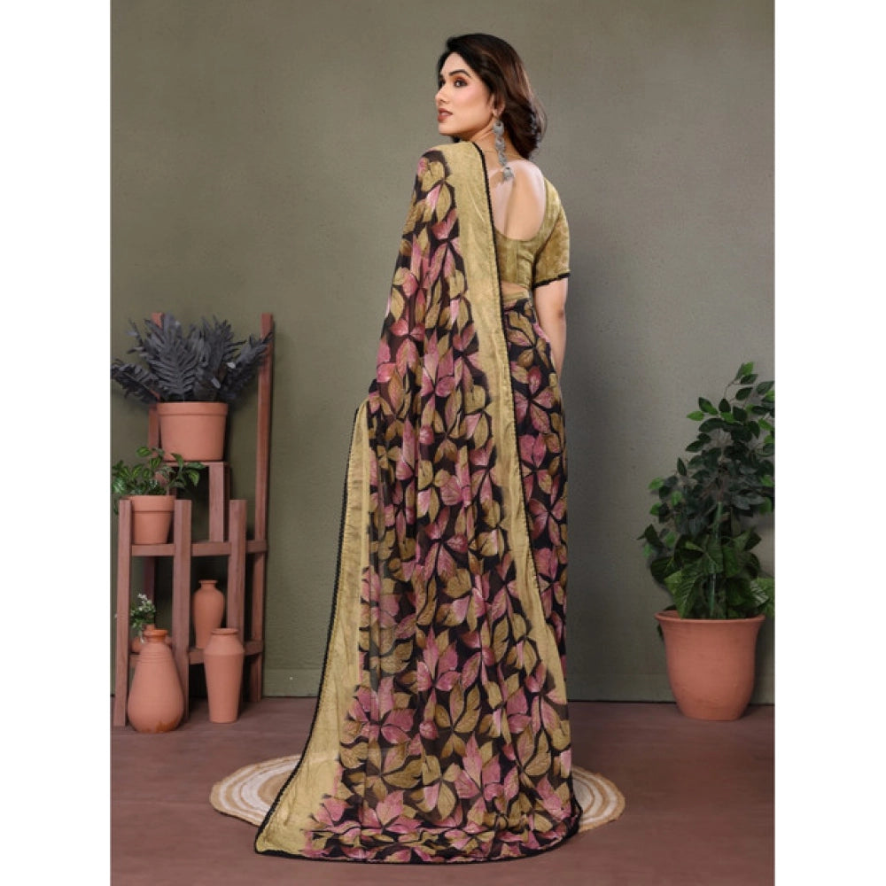 Women's Chiffon Printed Saree With Unstitched Blouse 5.5Mtr闁?Beige)