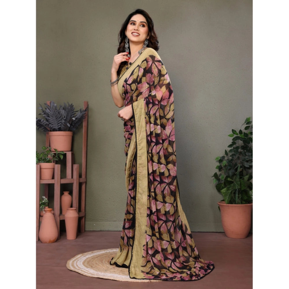 Women's Chiffon Printed Saree With Unstitched Blouse 5.5Mtr闁?Beige)