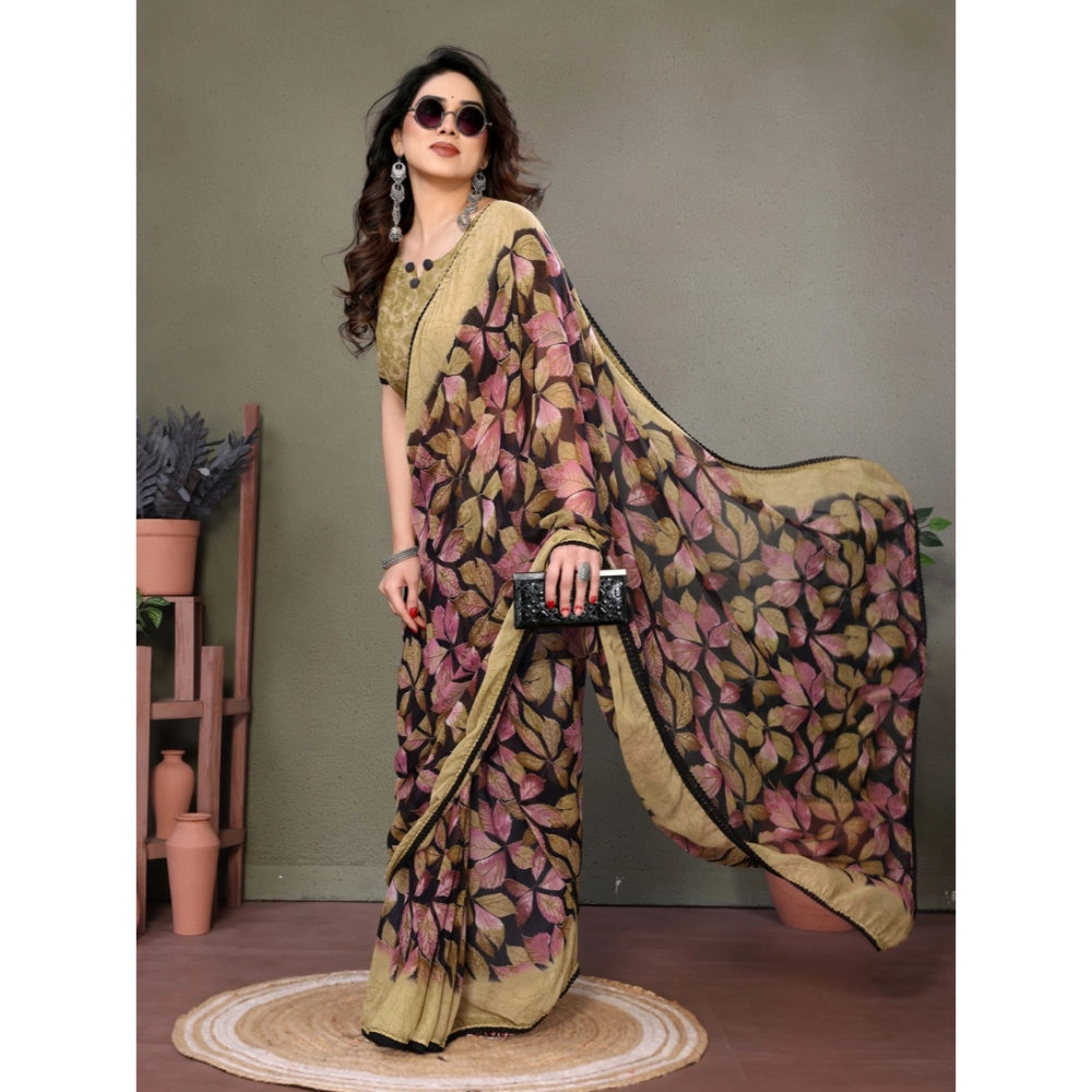 Women's Chiffon Printed Saree With Unstitched Blouse 5.5Mtr闁?Beige)