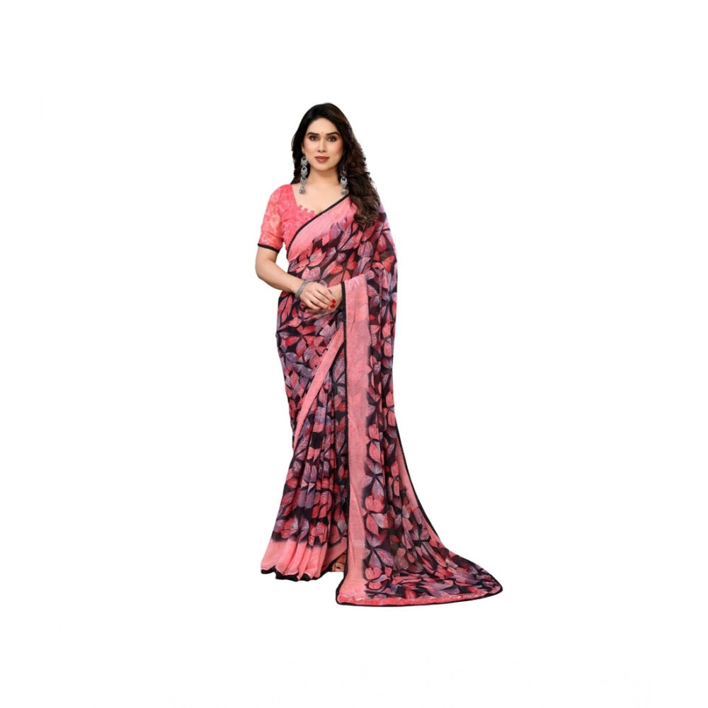 Women's Chiffon Printed Saree With Unstitched Blouse 5.5Mtr闁?Pink)