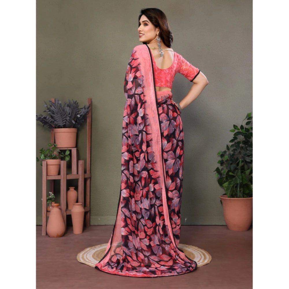 Women's Chiffon Printed Saree With Unstitched Blouse 5.5Mtr闁?Pink)