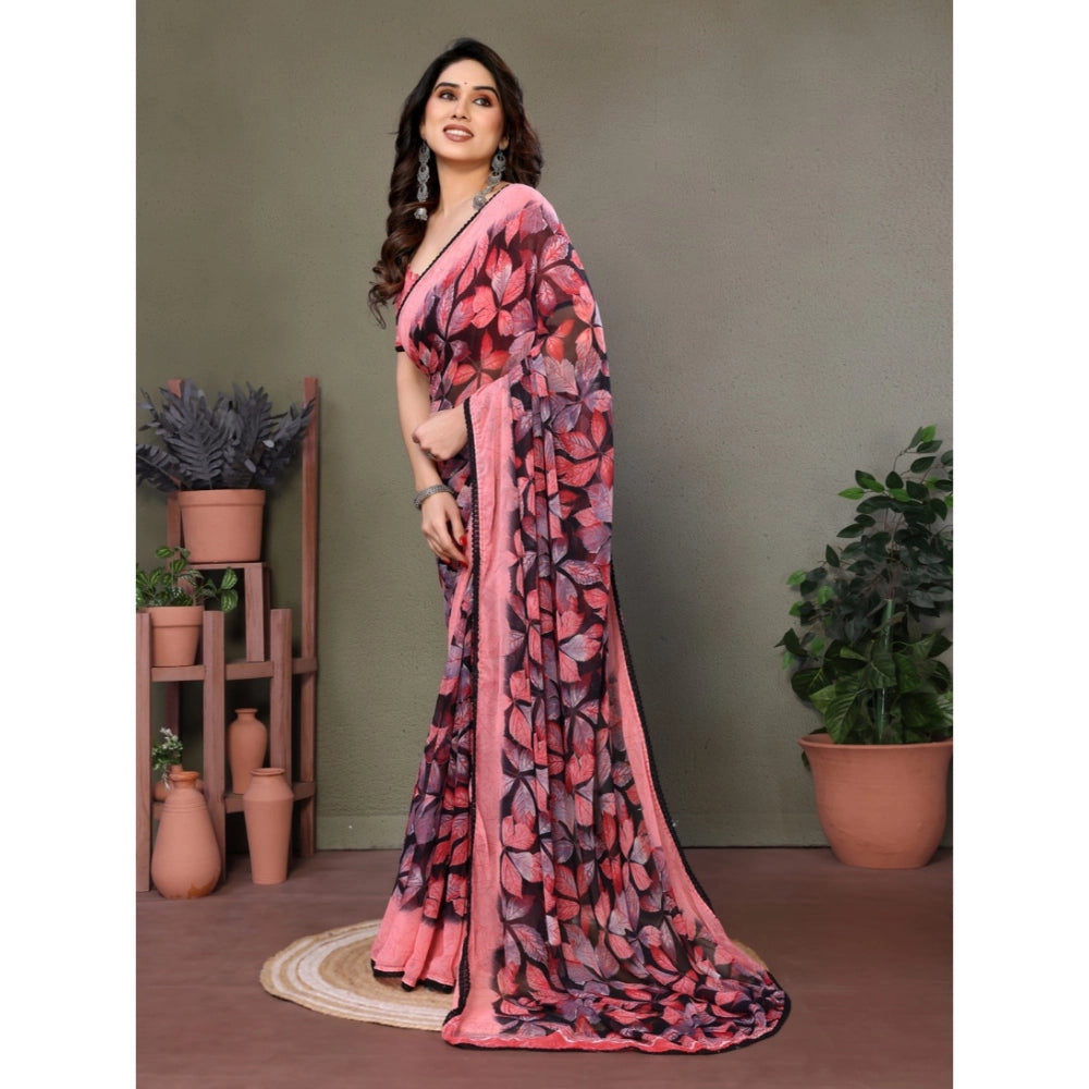 Women's Chiffon Printed Saree With Unstitched Blouse 5.5Mtr闁?Pink)