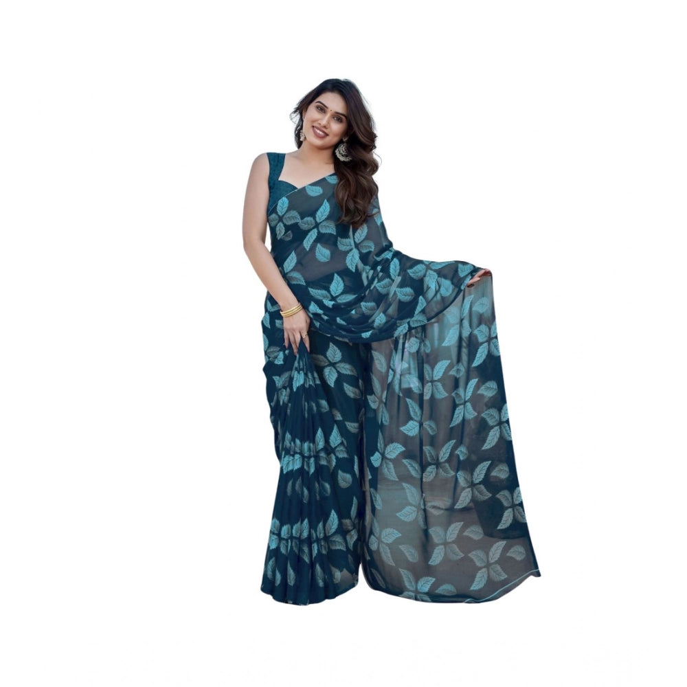 Women's Chiffon Printed Saree With Unstitched Blouse 5.5Mtr闁?Blue)