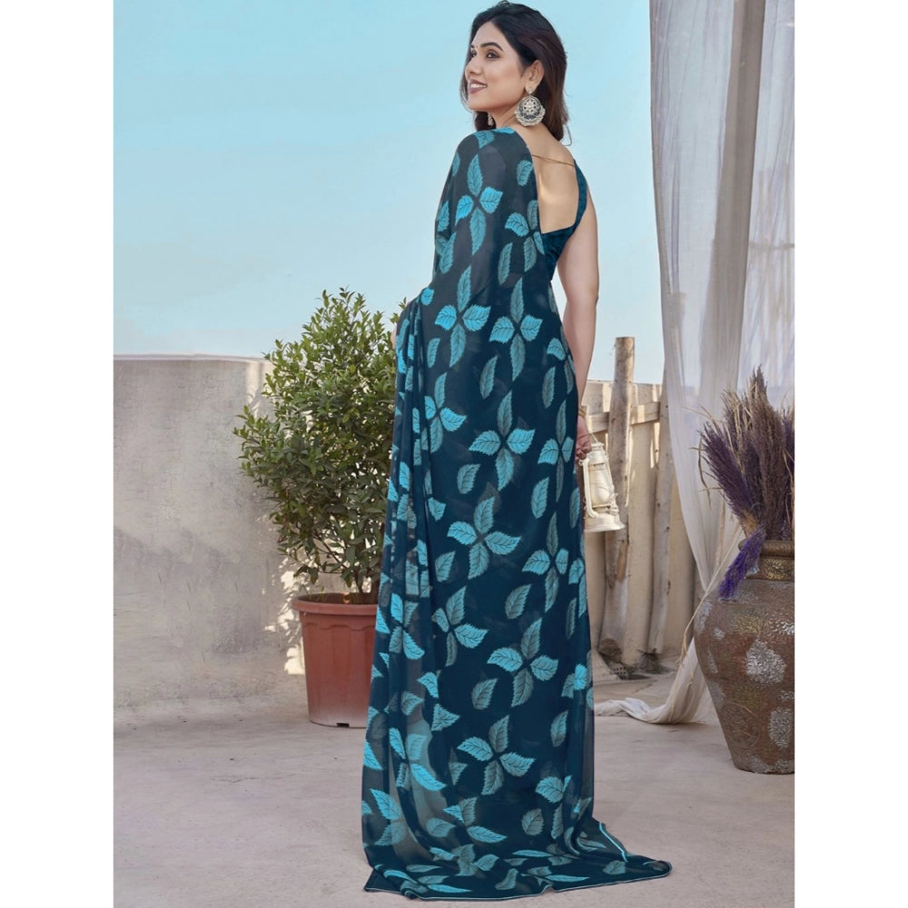 Women's Chiffon Printed Saree With Unstitched Blouse 5.5Mtr闁?Blue)