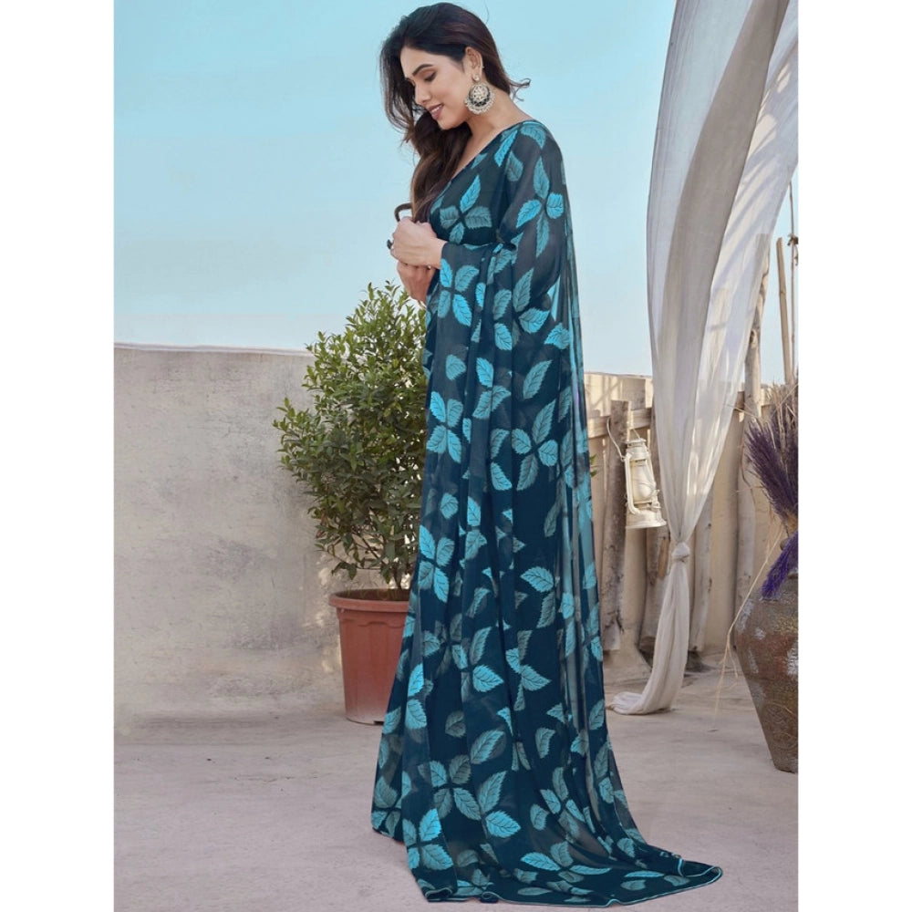 Women's Chiffon Printed Saree With Unstitched Blouse 5.5Mtr闁?Blue)