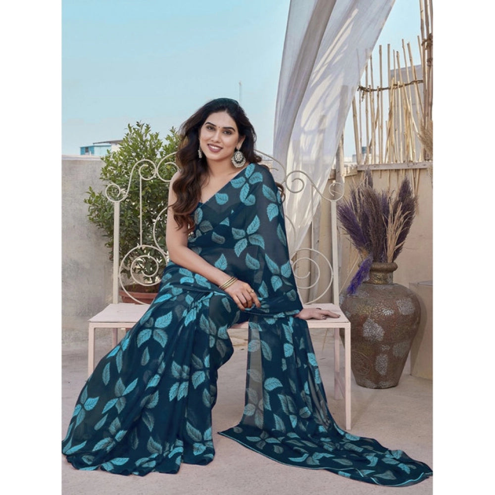 Women's Chiffon Printed Saree With Unstitched Blouse 5.5Mtr闁?Blue)