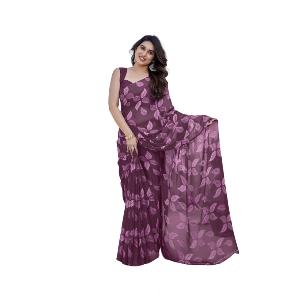 Women's Chiffon Printed Saree With Unstitched Blouse 5.5Mtr闁?Purple)