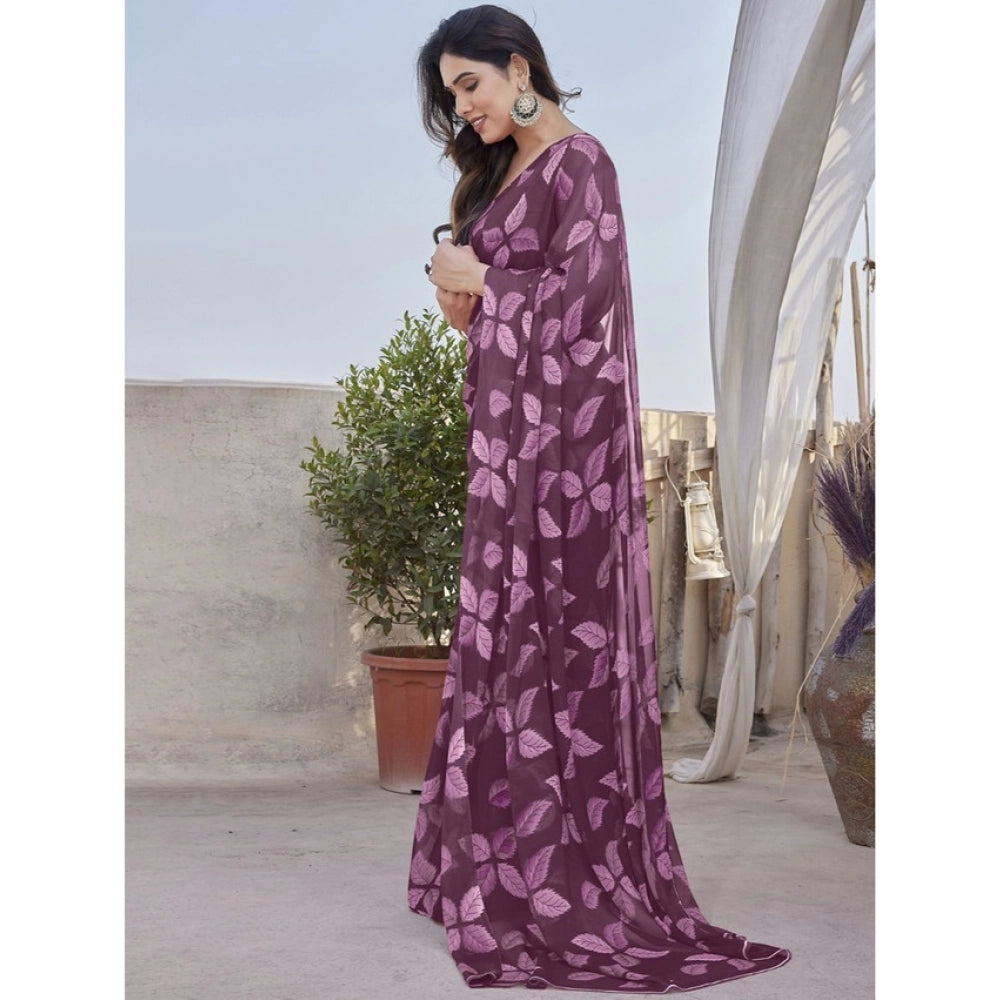 Women's Chiffon Printed Saree With Unstitched Blouse 5.5Mtr闁?Purple)