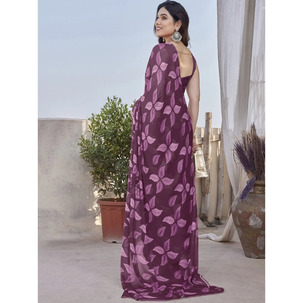 Women's Chiffon Printed Saree With Unstitched Blouse 5.5Mtr闁?Purple)