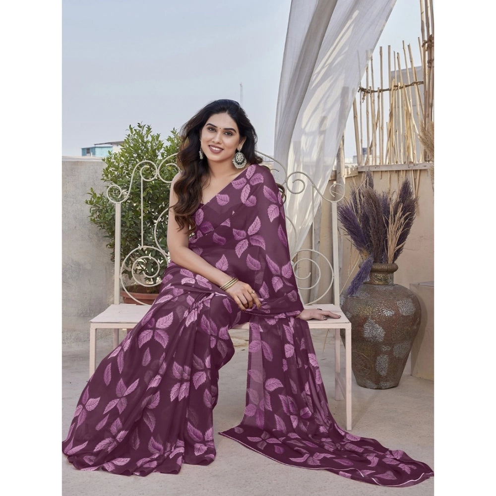 Women's Chiffon Printed Saree With Unstitched Blouse 5.5Mtr闁?Purple)