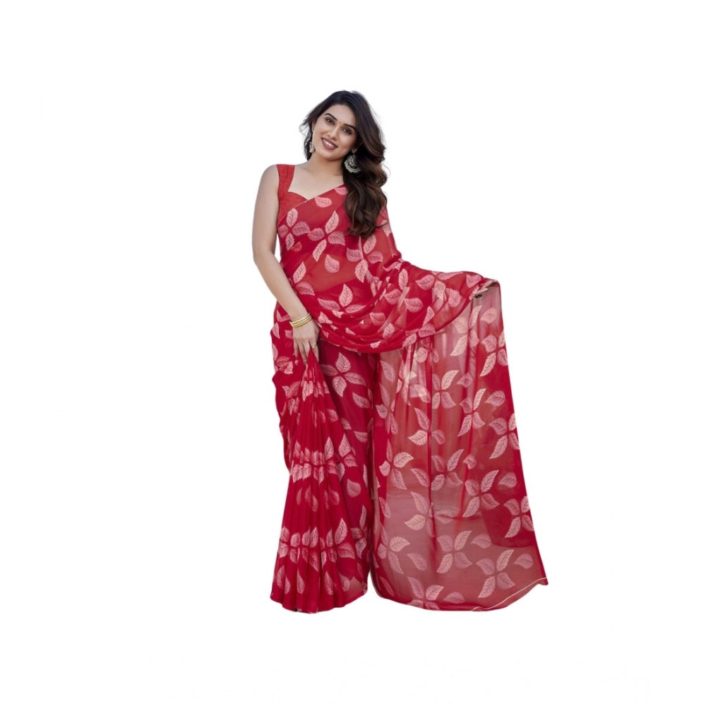 Women's Chiffon Printed Saree With Unstitched Blouse 5.5Mtr闁?Red)