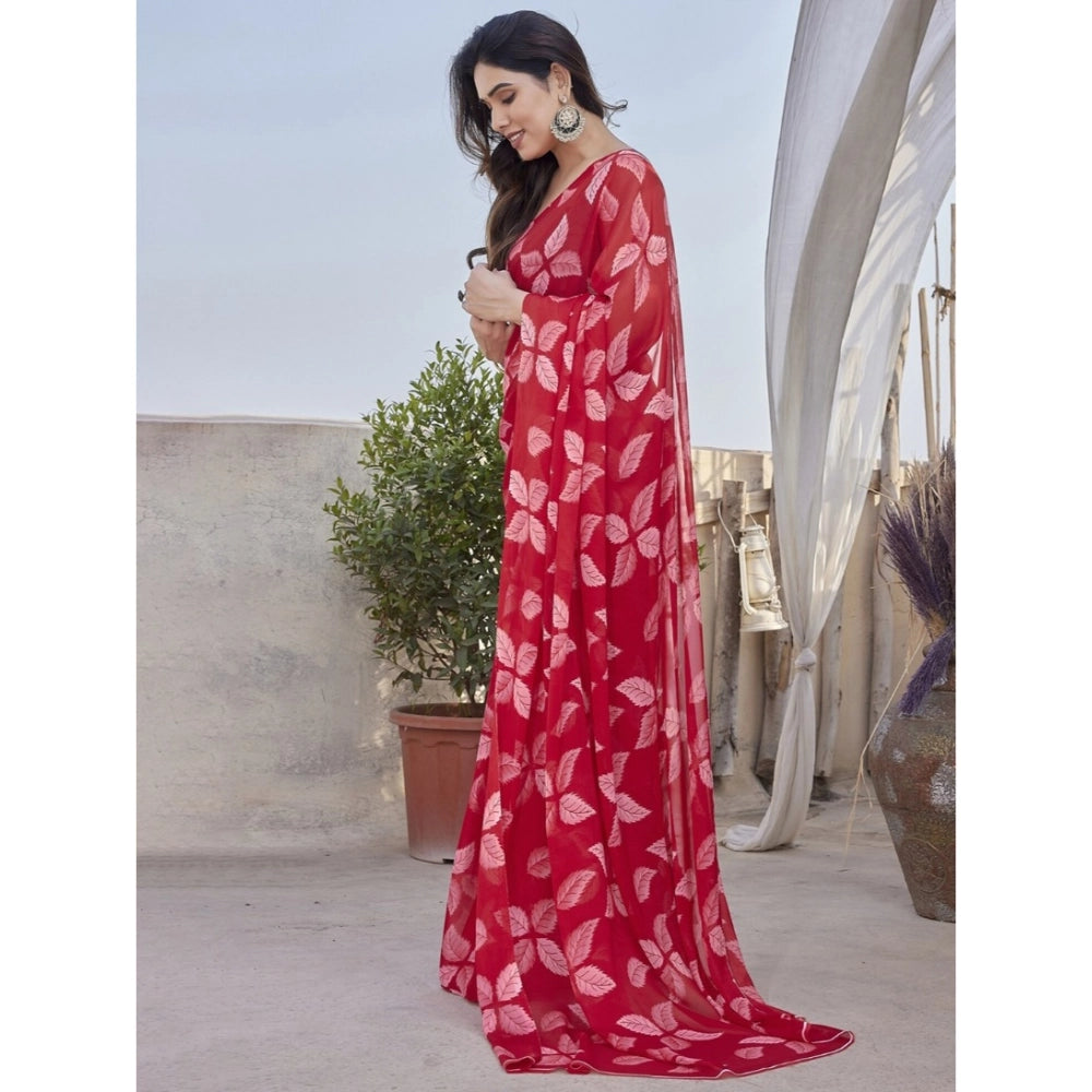 Women's Chiffon Printed Saree With Unstitched Blouse 5.5Mtr闁?Red)