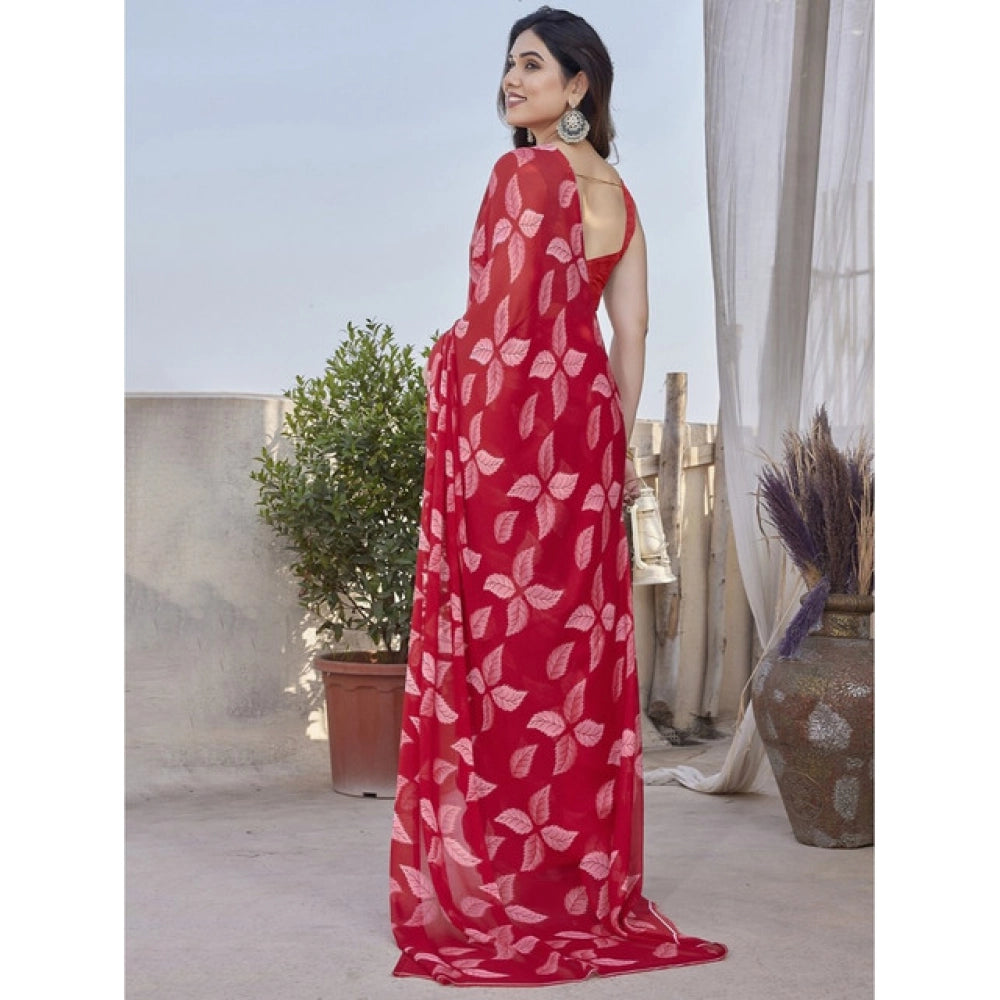 Women's Chiffon Printed Saree With Unstitched Blouse 5.5Mtr闁?Red)