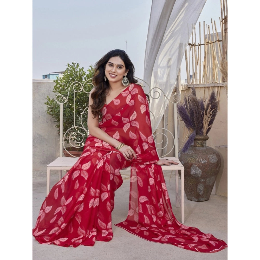 Women's Chiffon Printed Saree With Unstitched Blouse 5.5Mtr闁?Red)