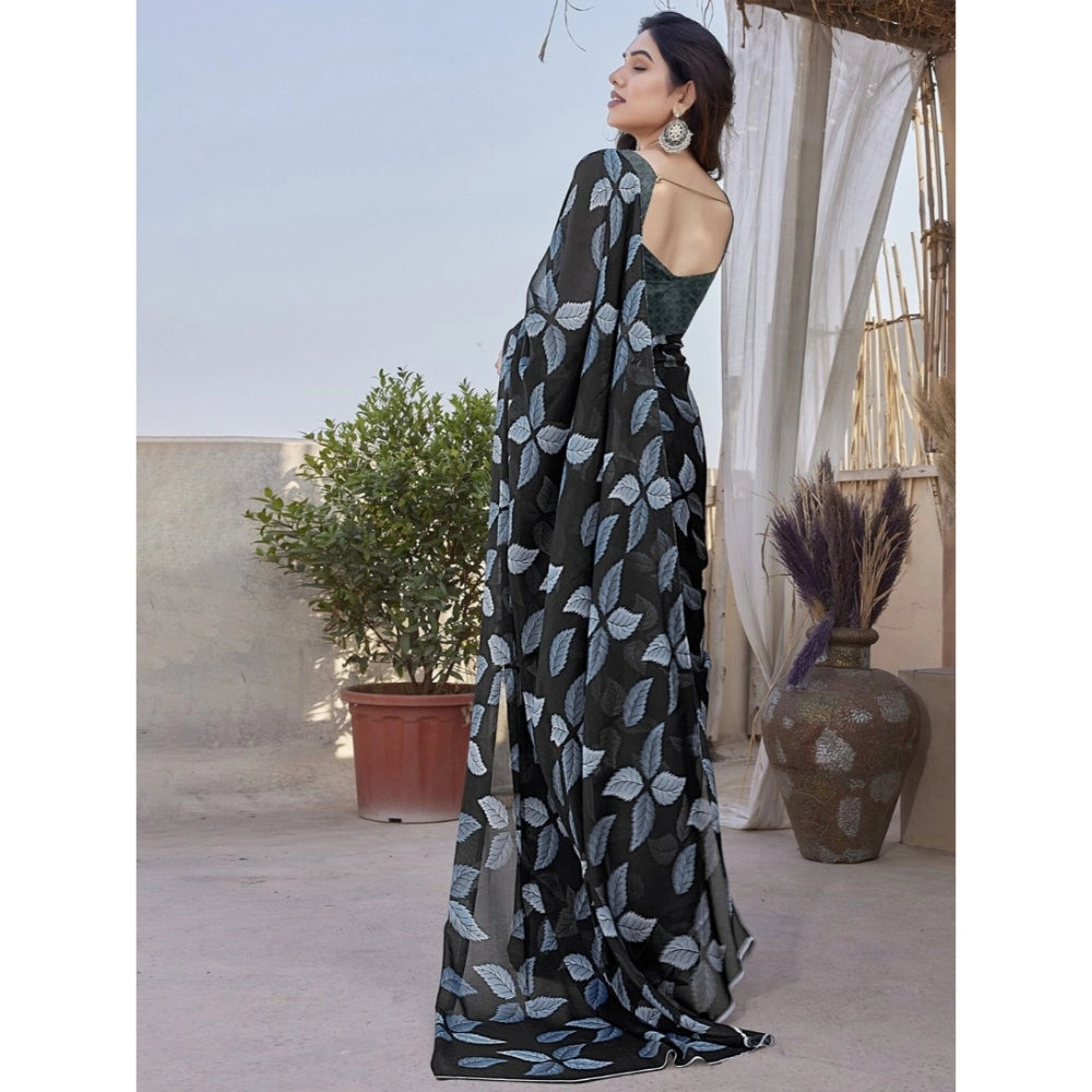 Women's Chiffon Printed Saree With Unstitched Blouse 5.5Mtr闁?Black)