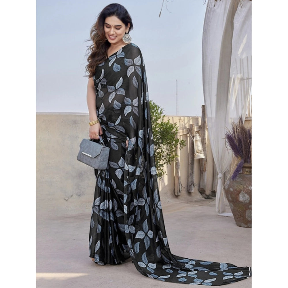 Women's Chiffon Printed Saree With Unstitched Blouse 5.5Mtr闁?Black)