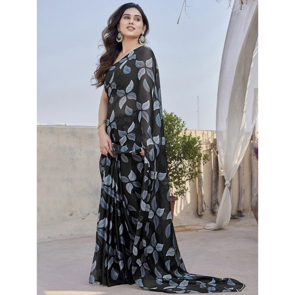 Women's Chiffon Printed Saree With Unstitched Blouse 5.5Mtr闁?Black)