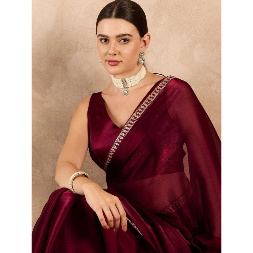 HD Women's Jimmy Choo solid Saree With Unstitched Blouse 5.5Mtr聽(Wine聽)