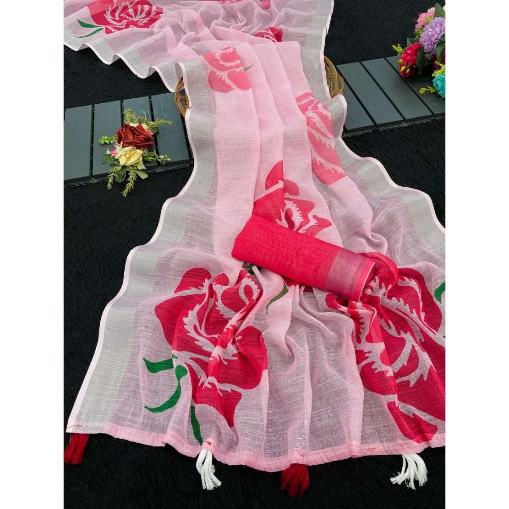 Women's Linen Cotton  Printed Saree With Unstitched Blouse 5.5Mtr闁?Pink)