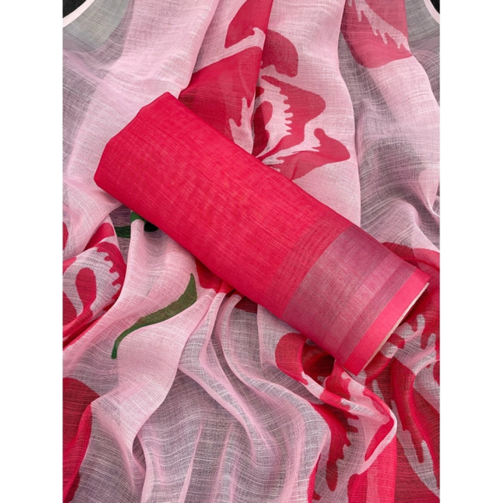 Women's Linen Cotton  Printed Saree With Unstitched Blouse 5.5Mtr闁?Pink)