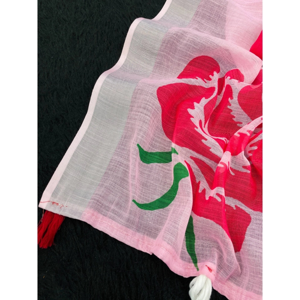 Women's Linen Cotton  Printed Saree With Unstitched Blouse 5.5Mtr闁?Pink)