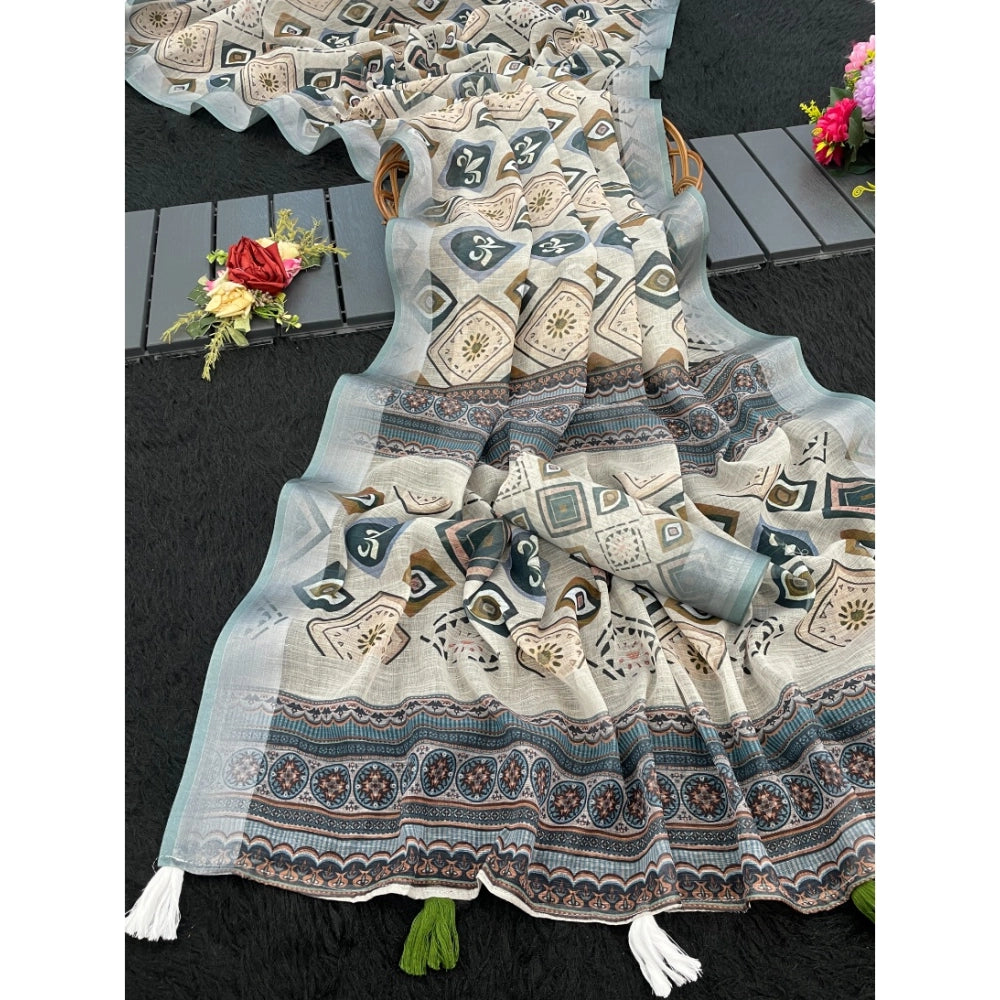 Women's Linen Cotton  Printed Saree With Unstitched Blouse 5.5Mtr闁?Grey)
