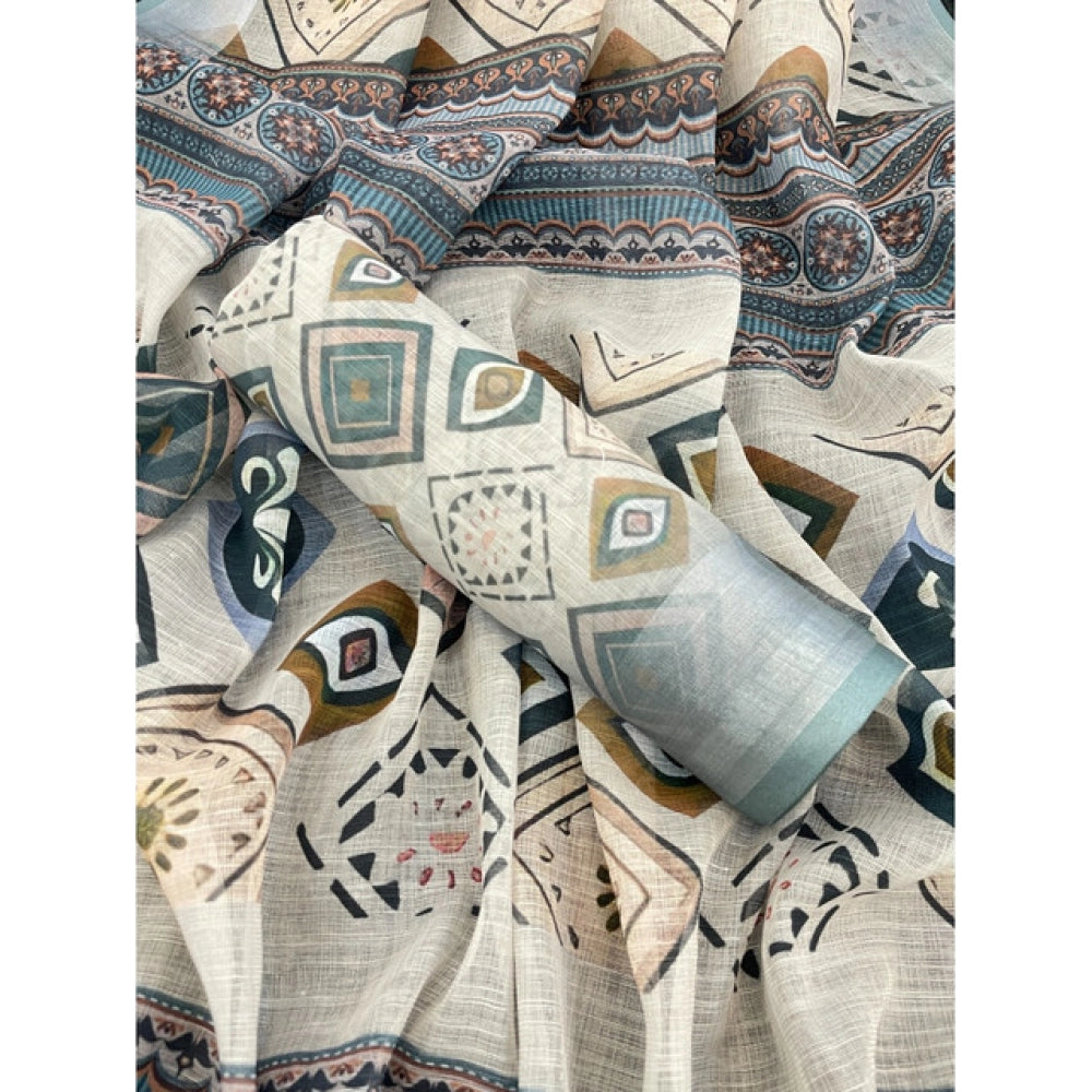 Women's Linen Cotton  Printed Saree With Unstitched Blouse 5.5Mtr闁?Grey)