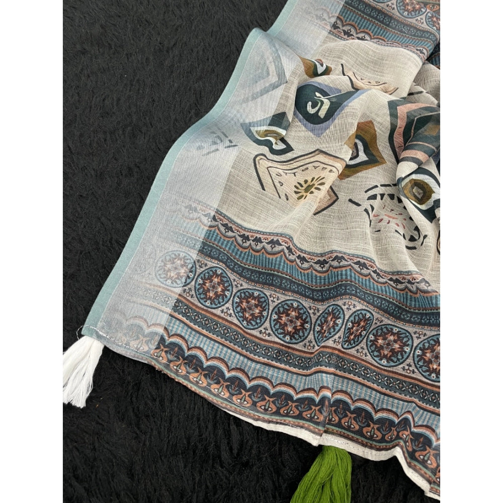 Women's Linen Cotton  Printed Saree With Unstitched Blouse 5.5Mtr闁?Grey)