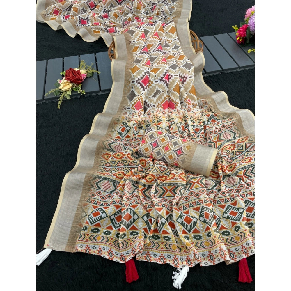 Women's Linen Cotton  Printed Saree With Unstitched Blouse 5.5Mtr闁?Cream)
