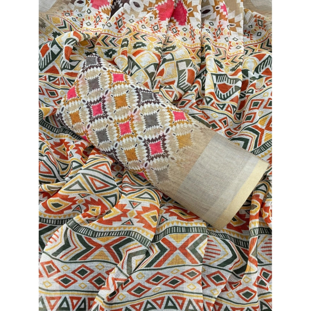 Women's Linen Cotton  Printed Saree With Unstitched Blouse 5.5Mtr闁?Cream)