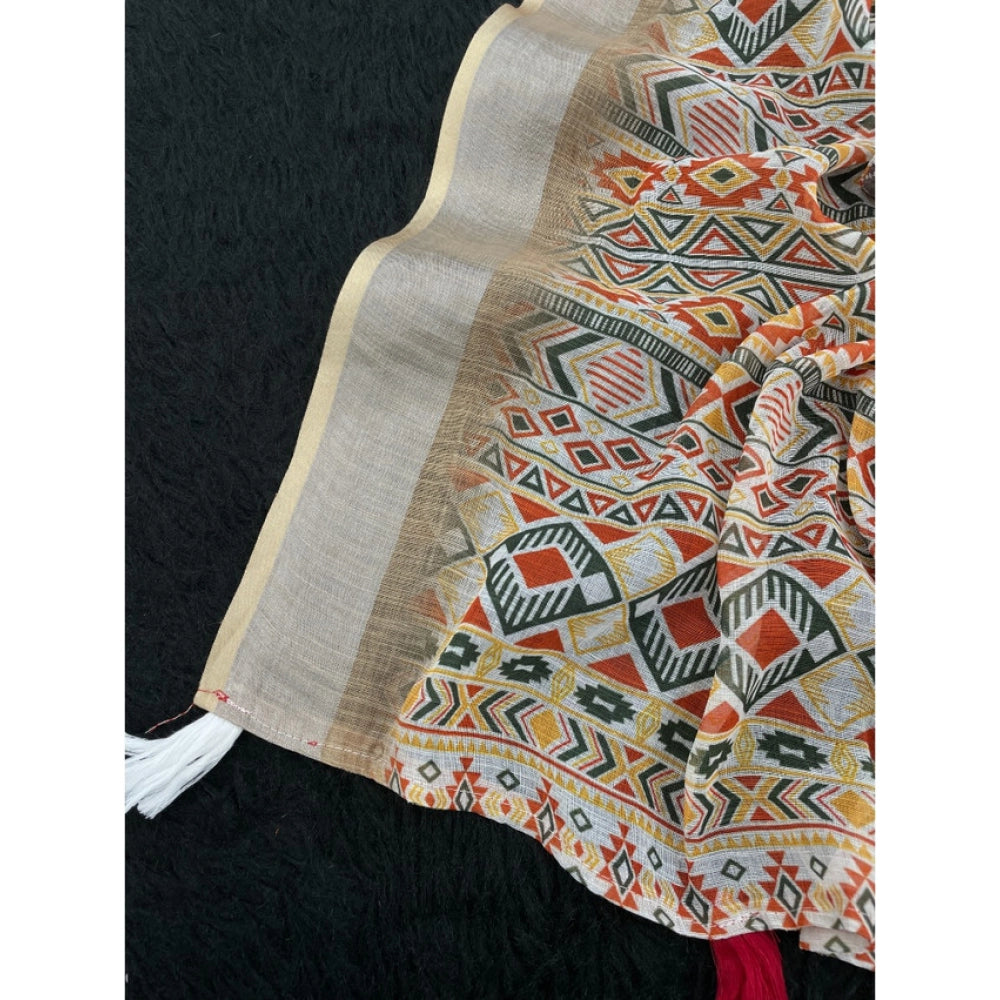 Women's Linen Cotton  Printed Saree With Unstitched Blouse 5.5Mtr闁?Cream)