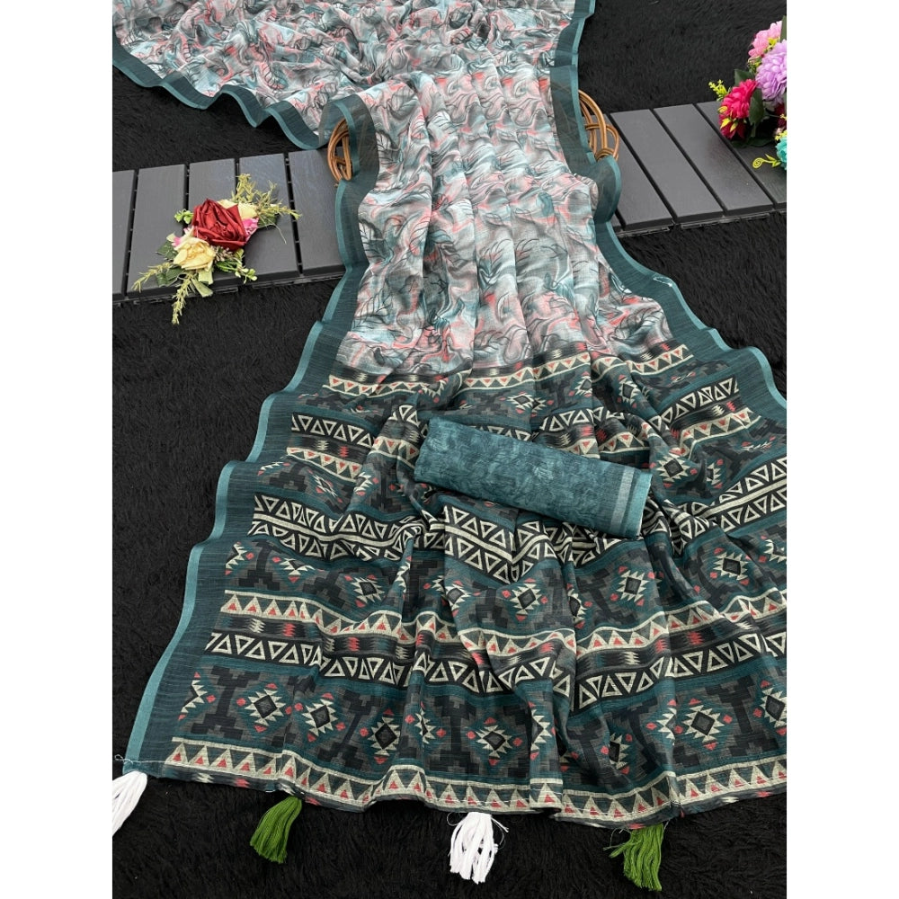 Women's Linen Cotton  Printed Saree With Unstitched Blouse 5.5Mtr闁?Blue)