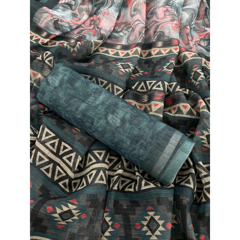 Women's Linen Cotton  Printed Saree With Unstitched Blouse 5.5Mtr闁?Blue)