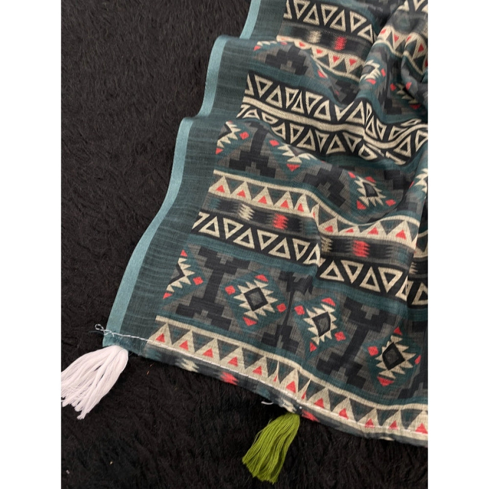 Women's Linen Cotton  Printed Saree With Unstitched Blouse 5.5Mtr闁?Blue)