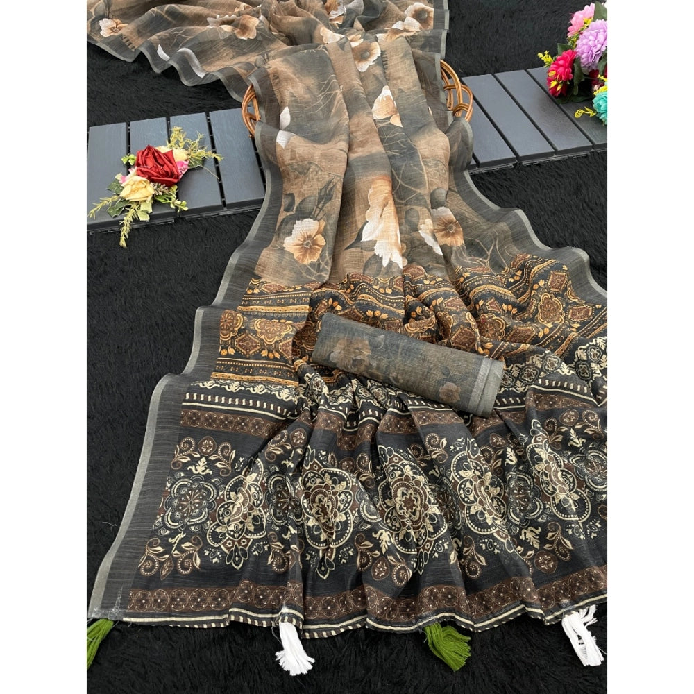 Women's Linen Cotton  Printed Saree With Unstitched Blouse 5.5Mtr闁?Beige)