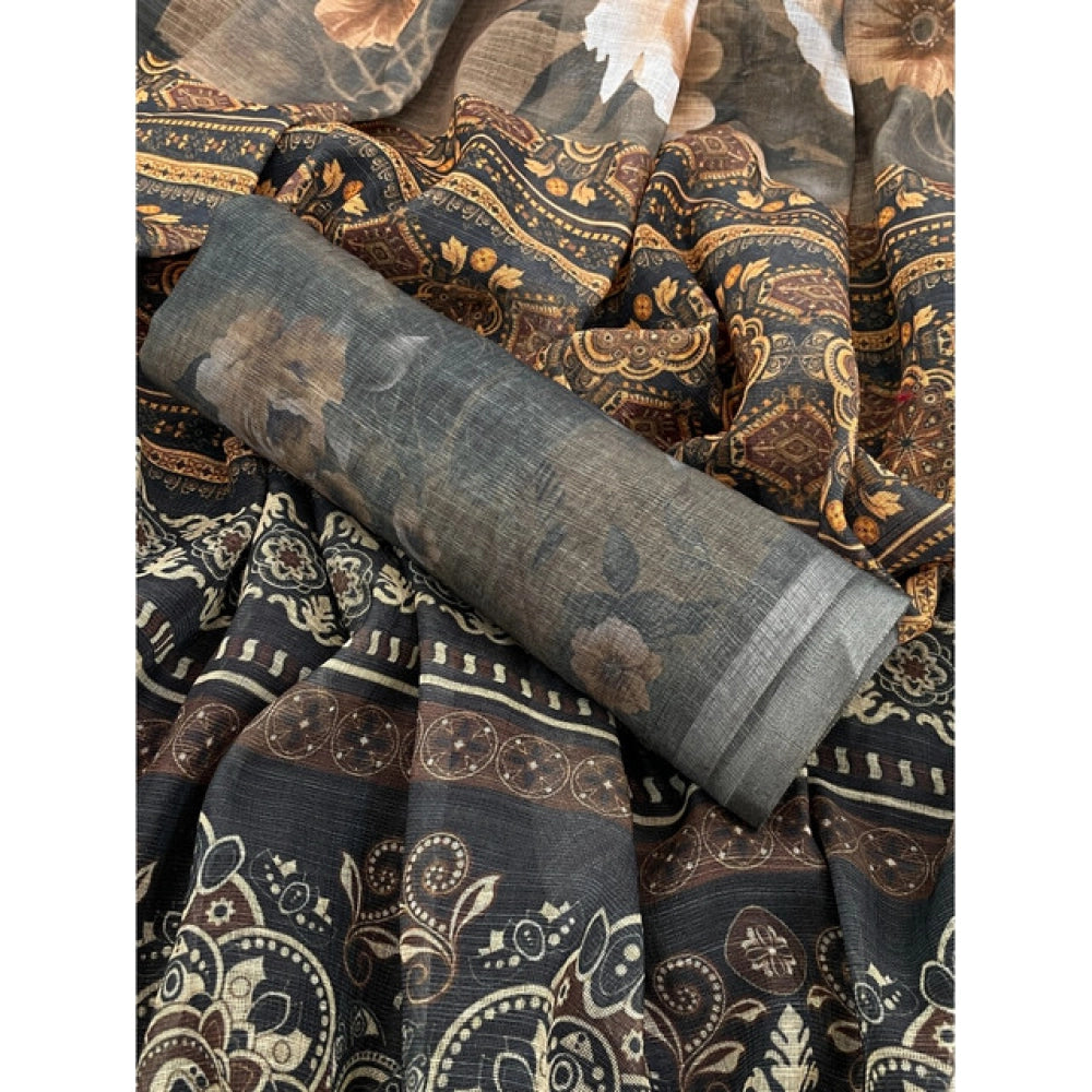 Women's Linen Cotton  Printed Saree With Unstitched Blouse 5.5Mtr闁?Beige)