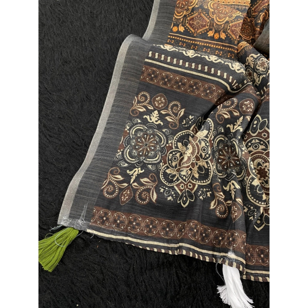 Women's Linen Cotton  Printed Saree With Unstitched Blouse 5.5Mtr闁?Beige)