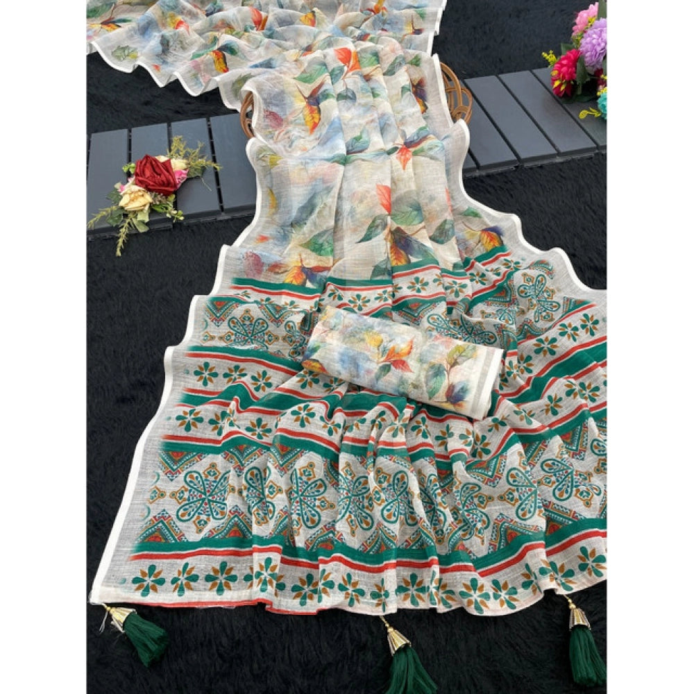 Women's Linen Cotton  Printed Saree With Unstitched Blouse 5.5Mtr闁?Green)