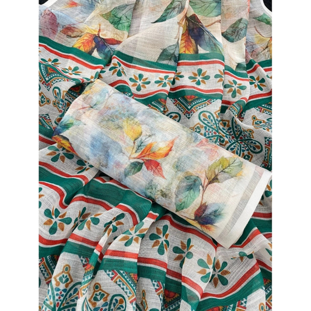 Women's Linen Cotton  Printed Saree With Unstitched Blouse 5.5Mtr闁?Green)