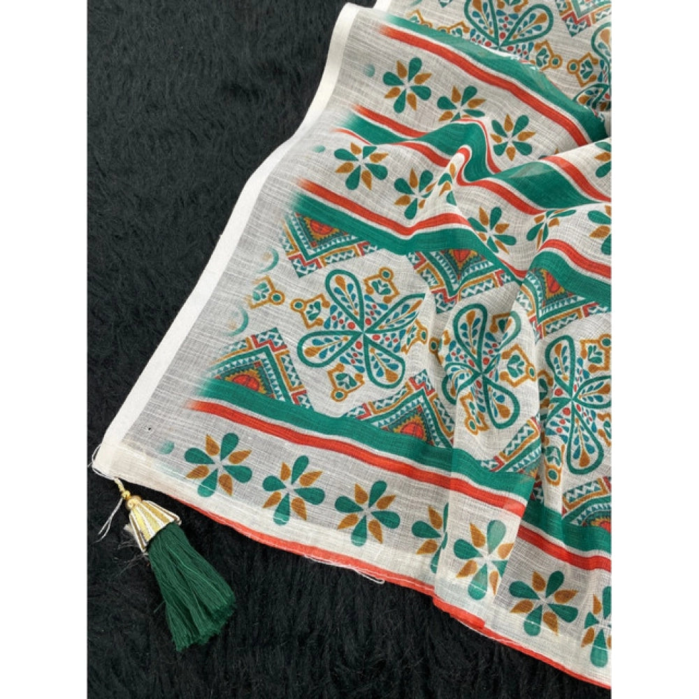 Women's Linen Cotton  Printed Saree With Unstitched Blouse 5.5Mtr闁?Green)