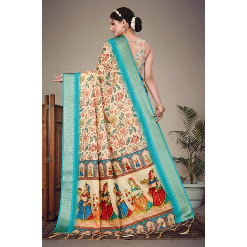 Women's Cotton Silk  Printed Saree With Unstitched Blouse 5.5Mtr闁?Sky Blue)
