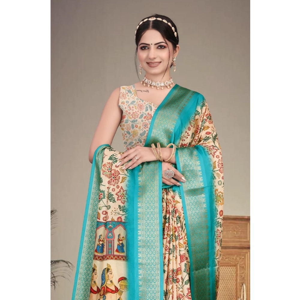Women's Cotton Silk  Printed Saree With Unstitched Blouse 5.5Mtr闁?Sky Blue)