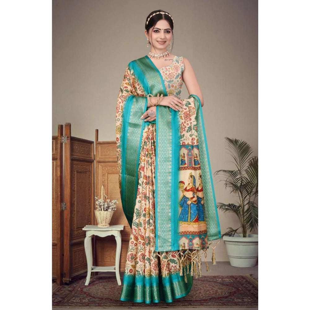Women's Cotton Silk  Printed Saree With Unstitched Blouse 5.5Mtr闁?Sky Blue)
