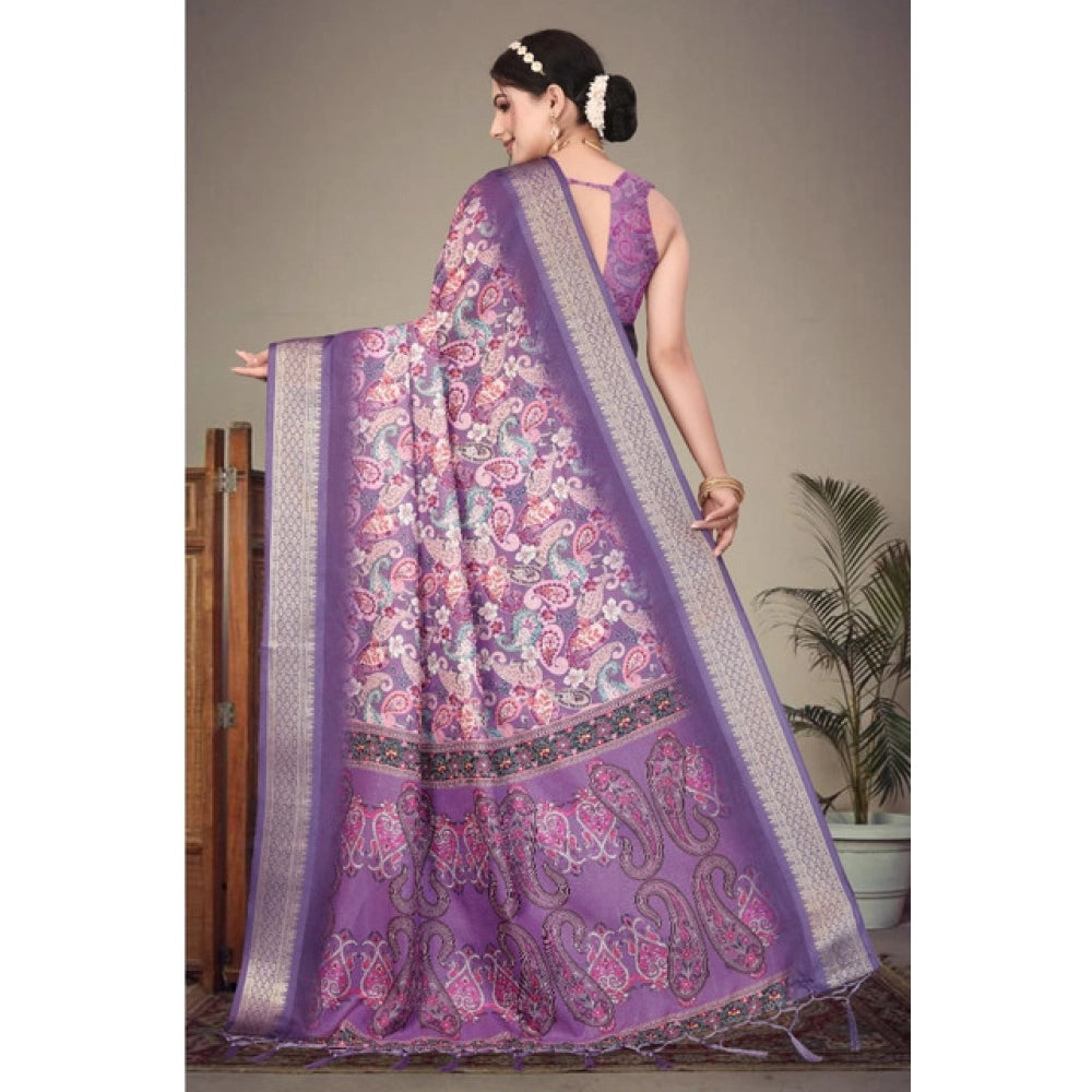 Women's Cotton Silk  Printed Saree With Unstitched Blouse 5.5Mtr闁?Purple)