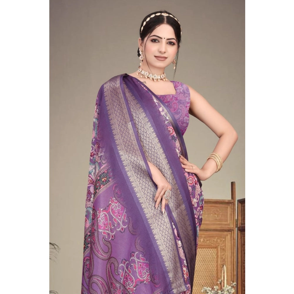 Women's Cotton Silk  Printed Saree With Unstitched Blouse 5.5Mtr闁?Purple)