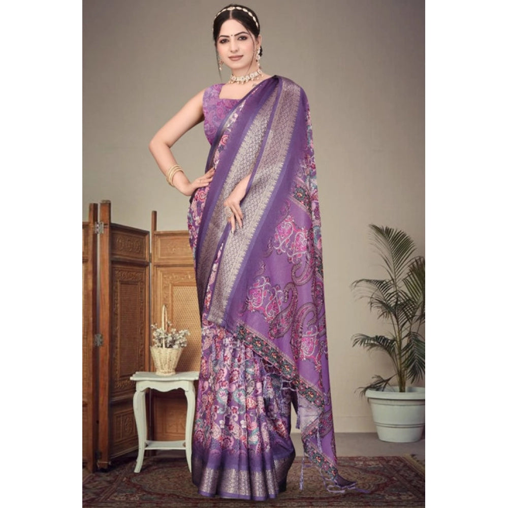 Women's Cotton Silk  Printed Saree With Unstitched Blouse 5.5Mtr闁?Purple)