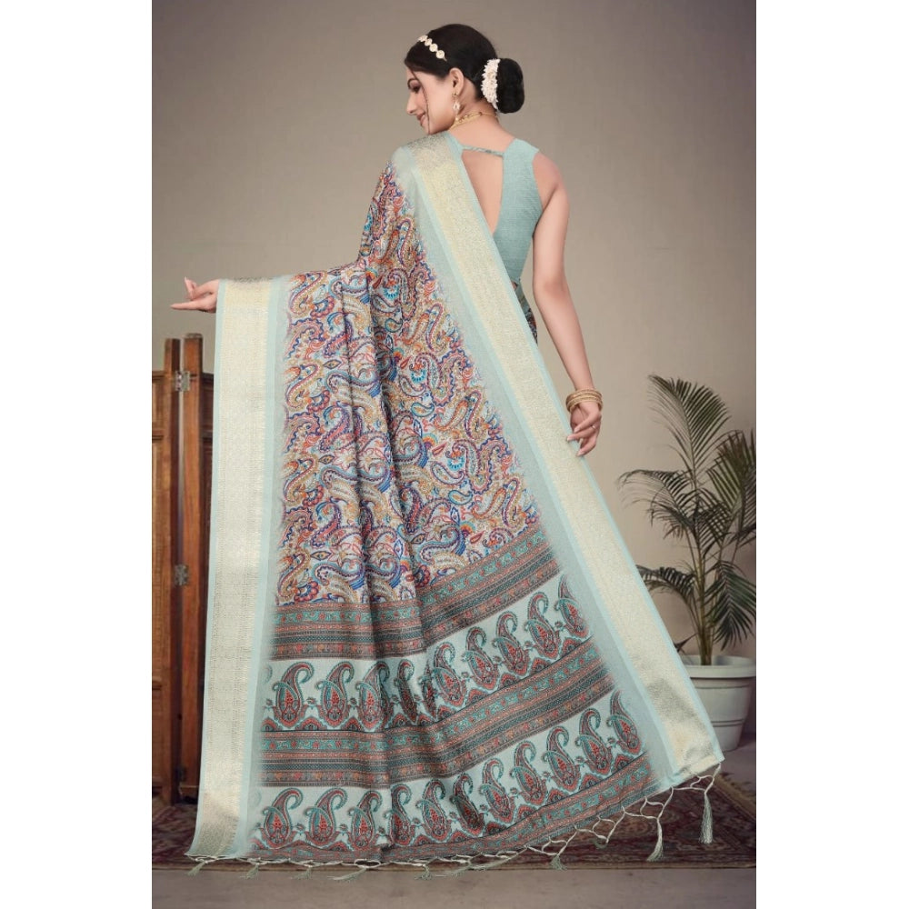 Women's Cotton Silk  Printed Saree With Unstitched Blouse 5.5Mtr闁?Multicolor)