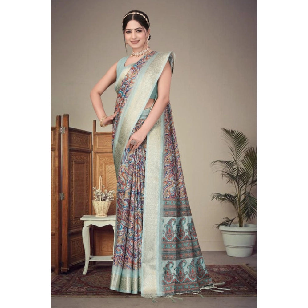 Women's Cotton Silk  Printed Saree With Unstitched Blouse 5.5Mtr闁?Multicolor)