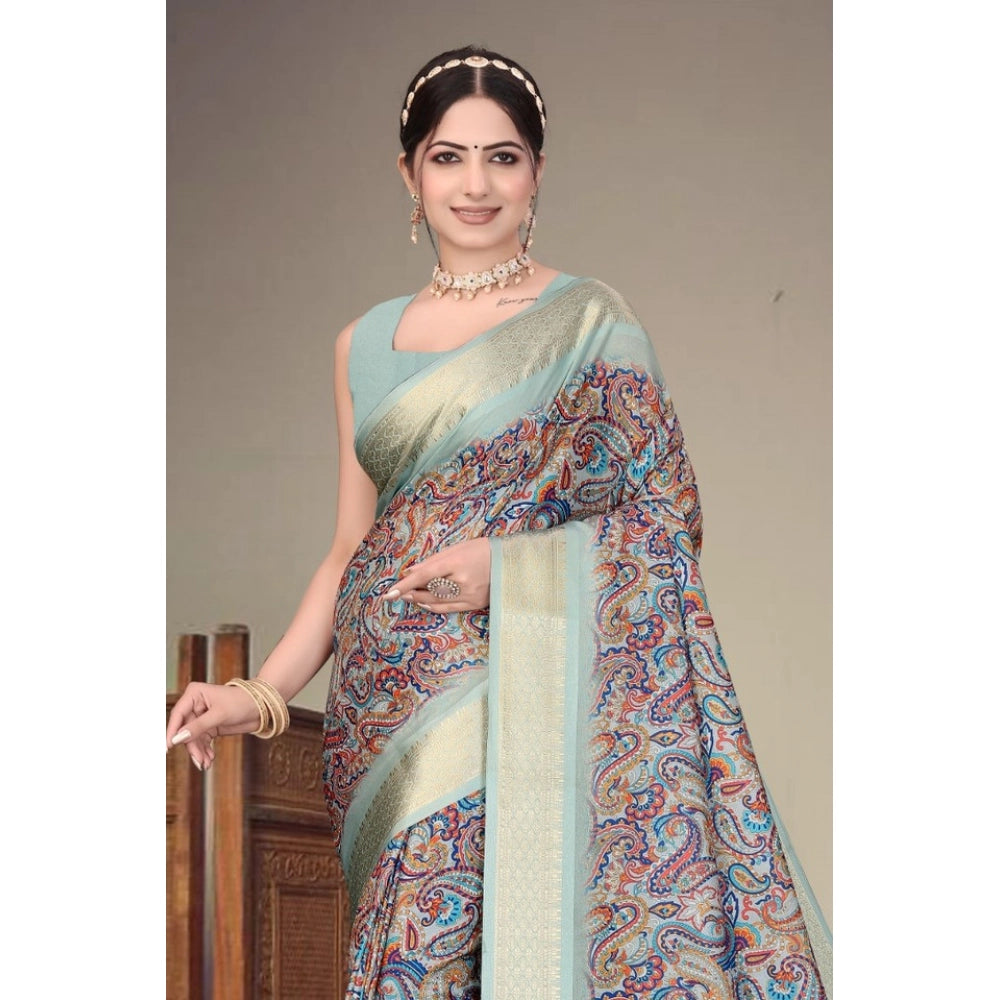 Women's Cotton Silk  Printed Saree With Unstitched Blouse 5.5Mtr闁?Multicolor)