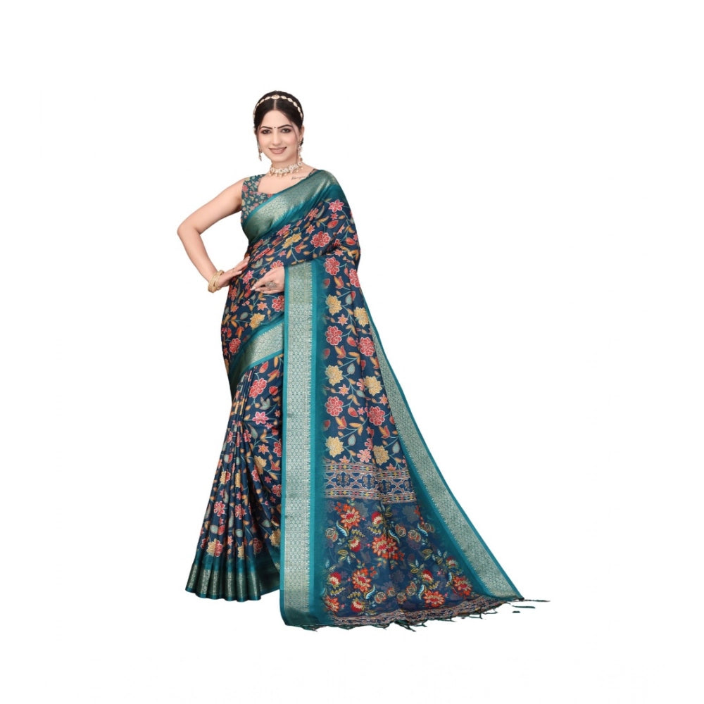Women's Cotton Silk  Printed Saree With Unstitched Blouse 5.5Mtr闁?Blue)
